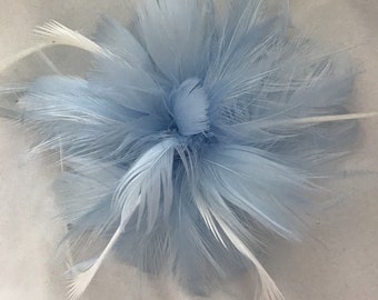 Light pastel Baby Blue Feather Flower Fascinator Hair Clip, Handmade in USA white ivory black