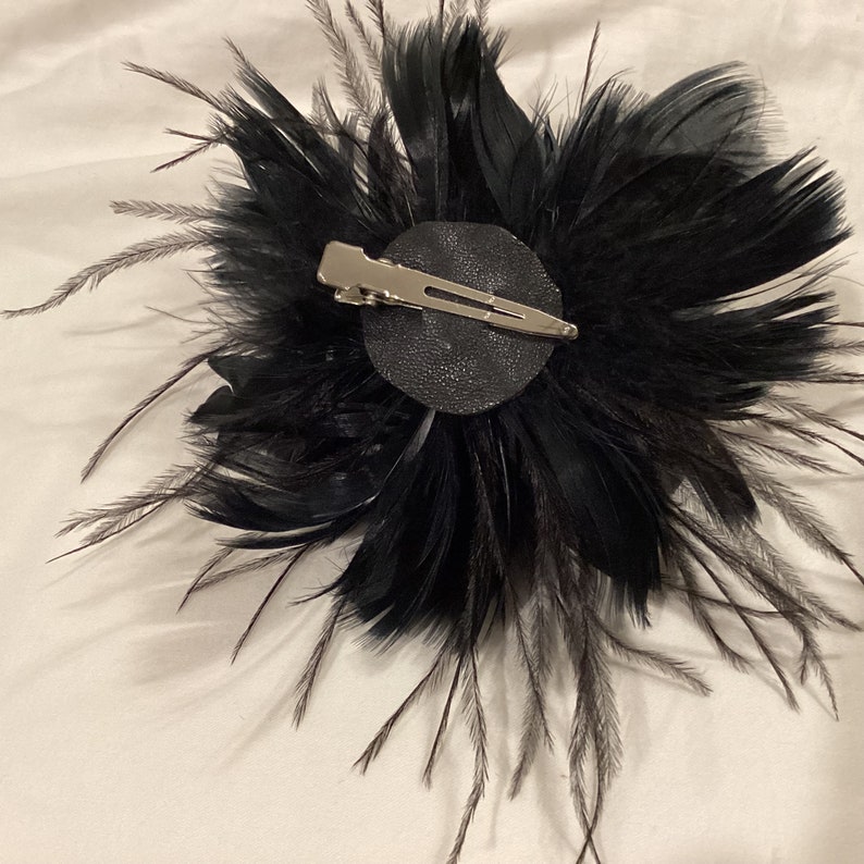 Black Feather Fascinator Hair Clip Accessory. Ostrich. Brooch pin. image 4