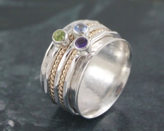 Birthstone Spinner Ring • Family Ring • Mother's Day Gift Idea • 3 Gemstones • Sterling Silver & Gold Filled