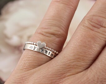 Heart & Personalized Ring Set •  Sterling Silver • Mother's Day Gift • Handstamped with children's names, words or a short message