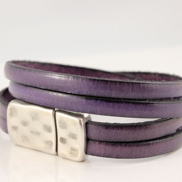 SALE!!  FITS 6 - 6.5 INCH wrist / Leather Wrap Bracelet (2x) - Two Strands Purple Leather / Ready to ship