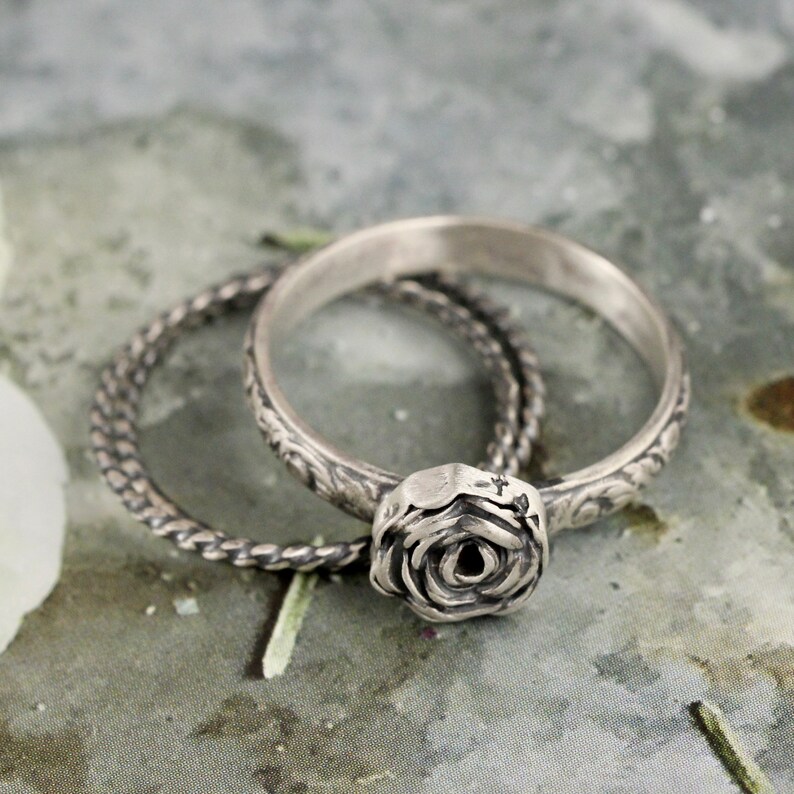 Sterling Silver Size 9.5 Flower Floral Stacking Ring Set Rose Ring Set Ready to ship Twisted Rope Rings