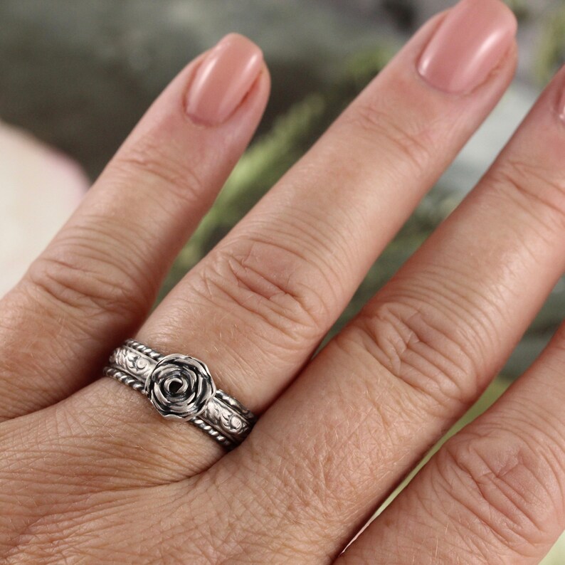 Sterling Silver Size 9.5 Flower Floral Stacking Ring Set Rose Ring Set Ready to ship Twisted Rope Rings