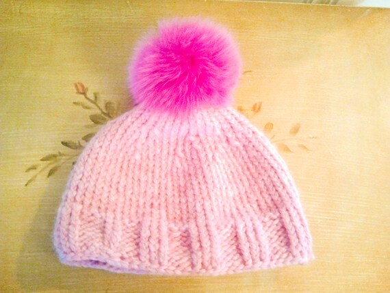 Items similar to Pink super warm knit hat. Large Magenta Fox Fur Pom ...