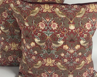 1 pair (2) Morris and co Strawberry Thief cushion covers (red)