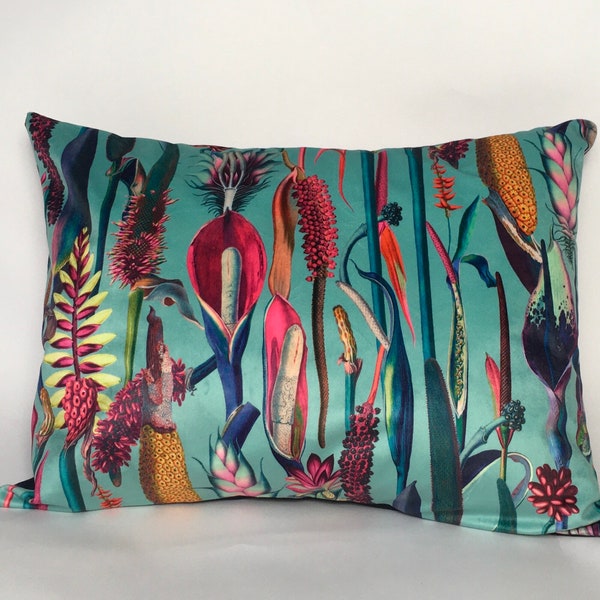 Housse de coussin rectangulaire en velours New tropical plants sur turquoise