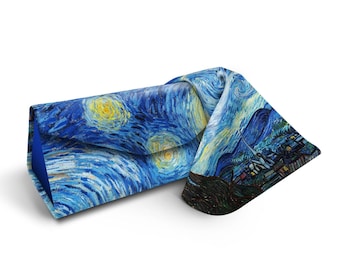 May include: A blue and yellow patterned glasses case with a flap closure. The case is decorated with a swirling, starry night design.