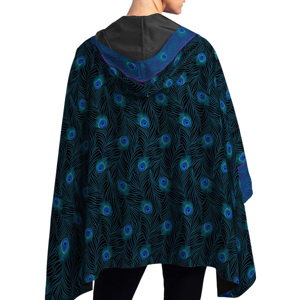 NEW Peacock Black Blue Reversible Womens Rain Cape - Rainproof Breathable Rain Poncho