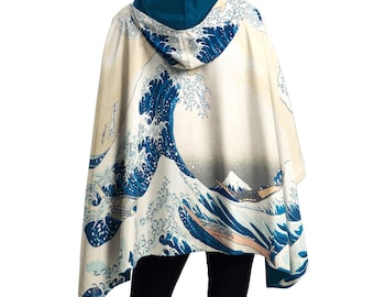 Hokusai The Great Wave Reversible Rain Cape Poncho – Lightweight Hooded Wrap