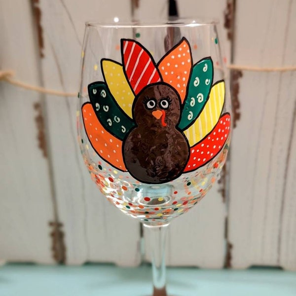 Thanksgiving Turkey Gobble Gobble 20 oz Hand Painted Wine Glass