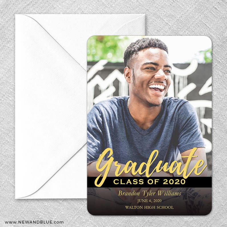 May include: A graduation announcement card with a photo of a smiling young man. The card is black with gold text that reads "Graduate Class of 2020" and includes the graduate's name, graduation date, and school name.