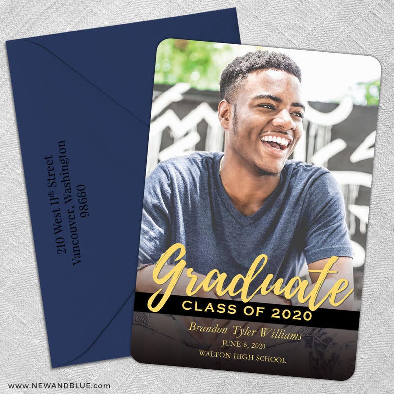 May include: A graduation announcement card with a photo of a smiling young man. The card is black and gold with the text "Graduate Class of 2020" and the graduate's name, date, and school.