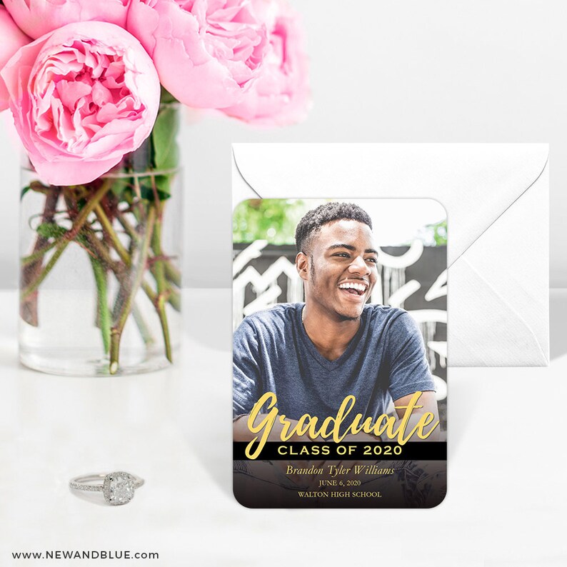 May include: A black and gold graduation announcement card with a photo of a smiling young man. The text reads "Graduate Class of 2020 Brandon Tyler Williams June 6, 2020 Walton High School".