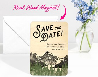 Ímã de madeira no topo da montanha - Ímãs de casamento de madeira para salvar a data
