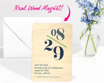 Ímã de madeira com números modernos - Ímãs de madeira para salvar a data de casamento