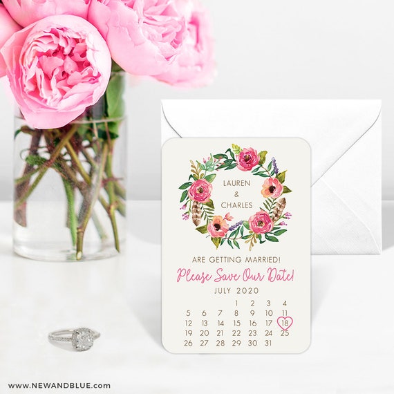 Floral Calendar - Wedding Magnet - Save the Date + Envelopes