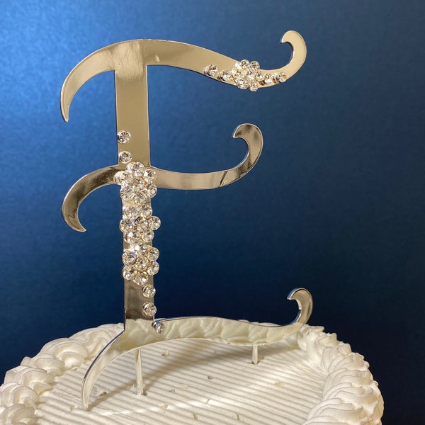 Monogram Cake Topper with Crystals - 5 inch - Silver/Mirror Finish - Made of Metal and has 5-inch Stems for Wedding Cake