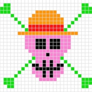 Puede incluir: Un diseño de arte de píxeles de una calavera con un sombrero de paja con una banda roja. La calavera es rosa con ojos negros y una boca negra. El sombrero es naranja y el fondo es blanco.