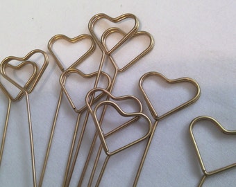 Set of 12 gold heart wire card holder, bouquet card holder, table number holder, photo holder, florist supplies, party supplies