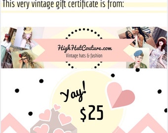 HighHatCouture / Gift Certificate / Vintage Hats / Digital Certificate / Printable