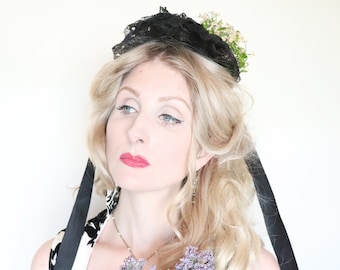 Antique Hat / Victorian Bonnet / 1890s hat / Black lace and Straw / sequins / Flowers