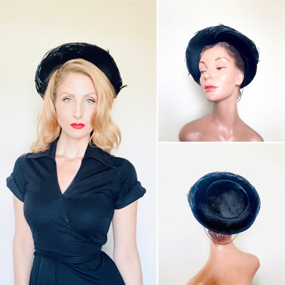 Vintage 1950s Hat / Black Velvet / 50s Feather Hat / Black 
