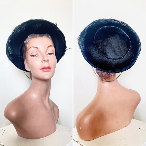 Vintage 1950s Hat / Black velvet / 50s feather ha… - image 3