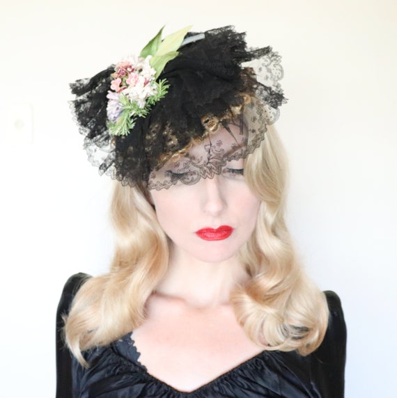 Vintage 1930s hat / 30s straw hat / Black lace / f