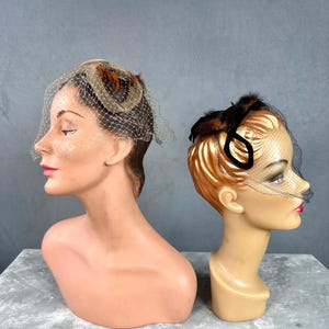 Vintage hats - 1950s hats - fascinator - Half hat - Velvet bows - Netting - Feathers - Headpiece - Winter hats