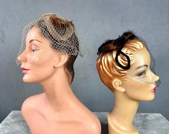Vintage hats - 1950s hats - fascinator - Half hat - Velvet bows - Netting - Feathers - Headpiece - Winter hats