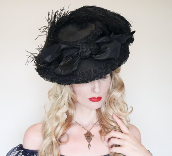 Antique Hat/ Edwardian hat / Wide brim / Black Fea