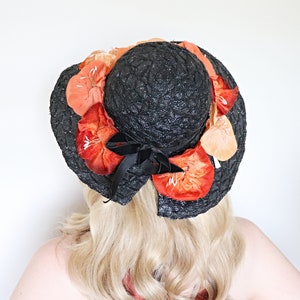 Vintage 1930s Hat / Wide brim straw hat / Velvet flowers / 30s Black straw hat image 5