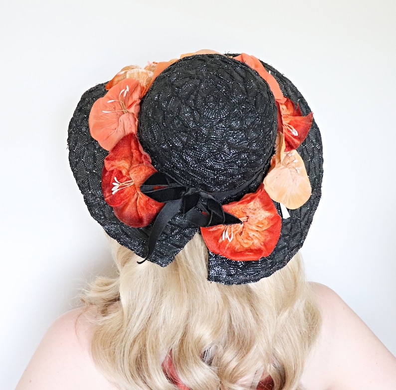 Vintage 1930s Hat / Wide brim straw hat / Velvet flowers / 30s Black straw hat image 5