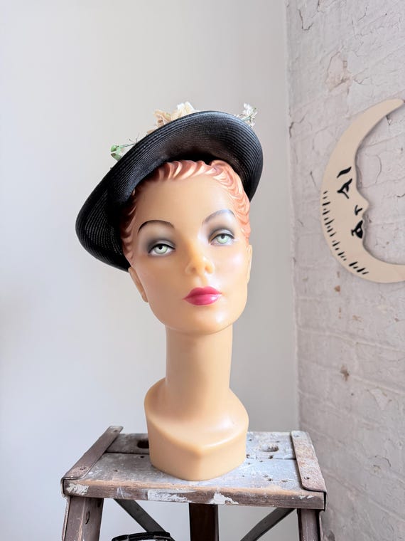 Vintage 1940s Hat - 40s straw hat - black hat - f… - image 7