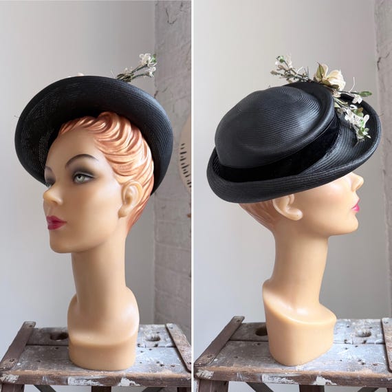 Vintage 1940s Hat - 40s straw hat - black hat - f… - image 1