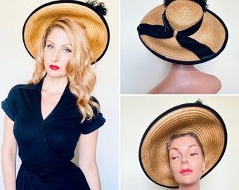Beautiful Late 1940s Early 1950s Straw And Black Velvet Summer Hat Made By Lecie Originals