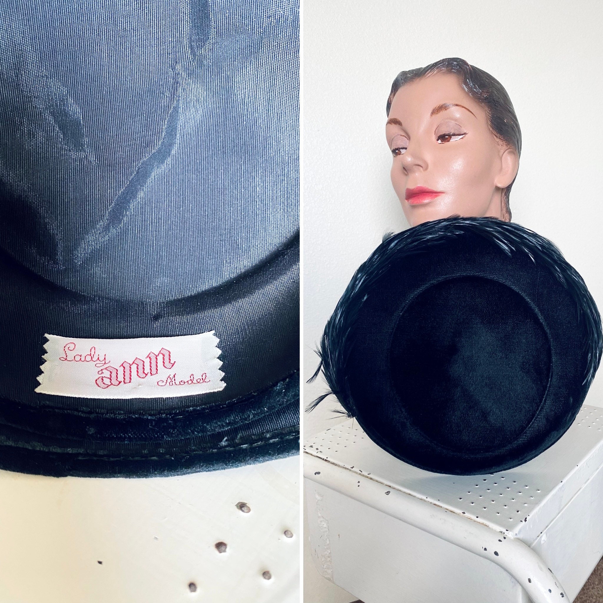 Vintage Black Velvet mesh and feather 1950s Style hat in good condition 1950s Black Velvet Hat With Netting and Curled Feathers - Etsy main image 2