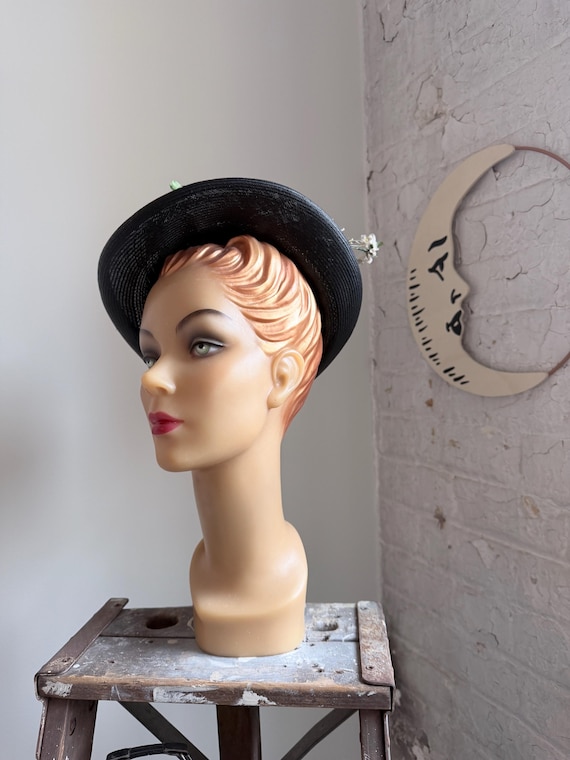 Vintage 1940s Hat - 40s straw hat - black hat - f… - image 2