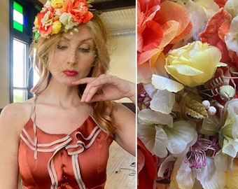 Vintage 1950s Hat / Fascinator hat / 50s flower hat / Summer flowers / Birdcage veil / netting