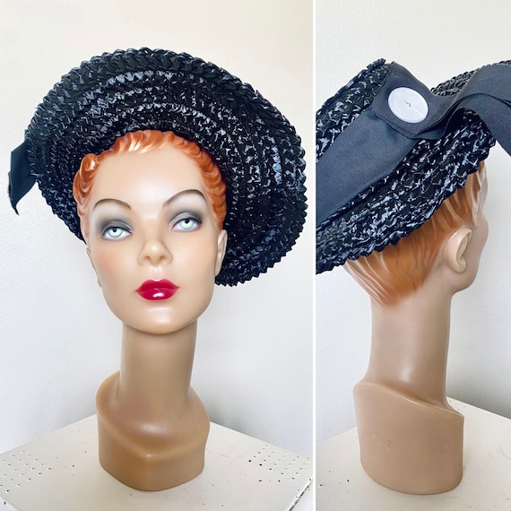 Vintage  Black  Hat with Satin Ribbon 1950 Vintage 1950s Ladies Hat With Satin Black Bows and Half Moon  main image 4