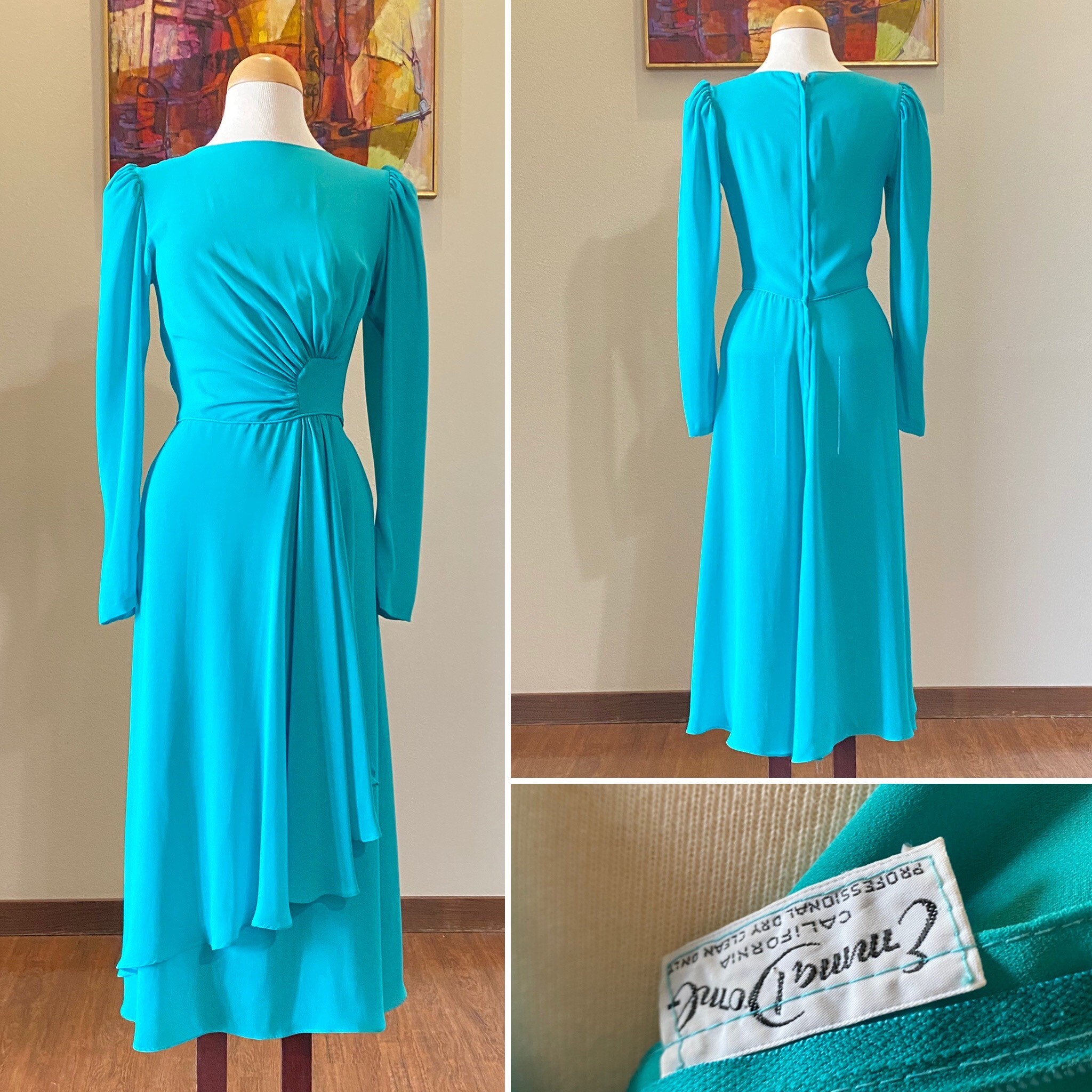 Emma Domb Dress / Vintage 1970s Dress / Aqua Chiffon / Semi | Etsy