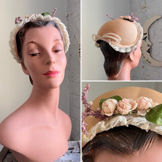 Vintage 1950s hat / 50s straw hat / straw bonnet … - image 1