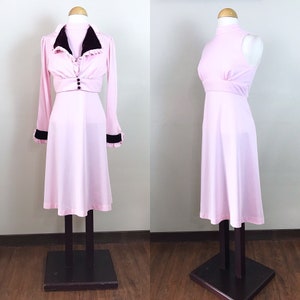 Vintage 1970s Dress / Matching cropped jacket / Pastel pink / Burgundy velvet / 70s dress