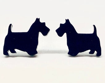 silver plated hooks Black or White Scotty Dog earrings tiny dogs & red hearts 