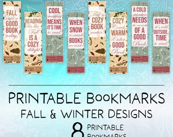 8 Printable Fall & Winter Bookmarks - Digital Downloads