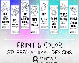 8 Print and Color Bookmarks - Stuffed Animal designs - Digital Download