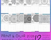 2026 Calendar Print and Color Coloring Sheets - Mandala designs - Digital Download
