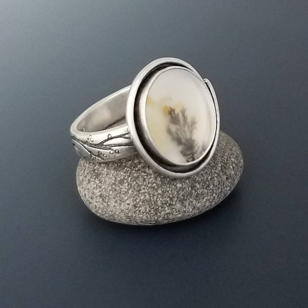 one of a kind sterling silver dendritic agate ring for women, jewelry gift for wife, nature lover gifts, silversmith jewelry, birthday gifts