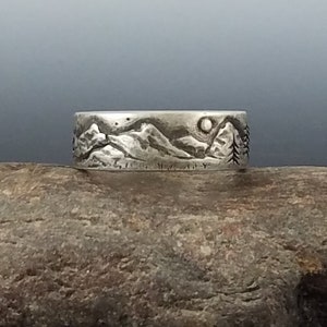 mountain ring men, wanderlust jewelry, 25th anniversary gifts, unique wedding band men, sterling silver landscape rings, mens jewelry