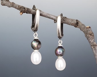 sterling silver white and black drop pearl earrings, birthday gifts for her, 30th anniversary gift for wife, unique earrings for women